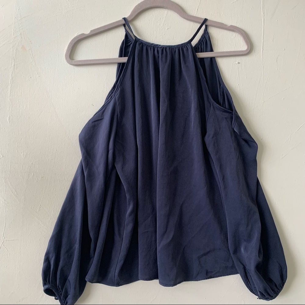 AQUA cold shoulder BLOUSE TOP satin silky blue SMALL long sleeve - Picture 10 of 13